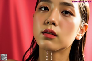 A close up of a woman's face with water droplets on her lips.