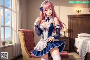 A woman in a maid outfit posing in a hotel room.